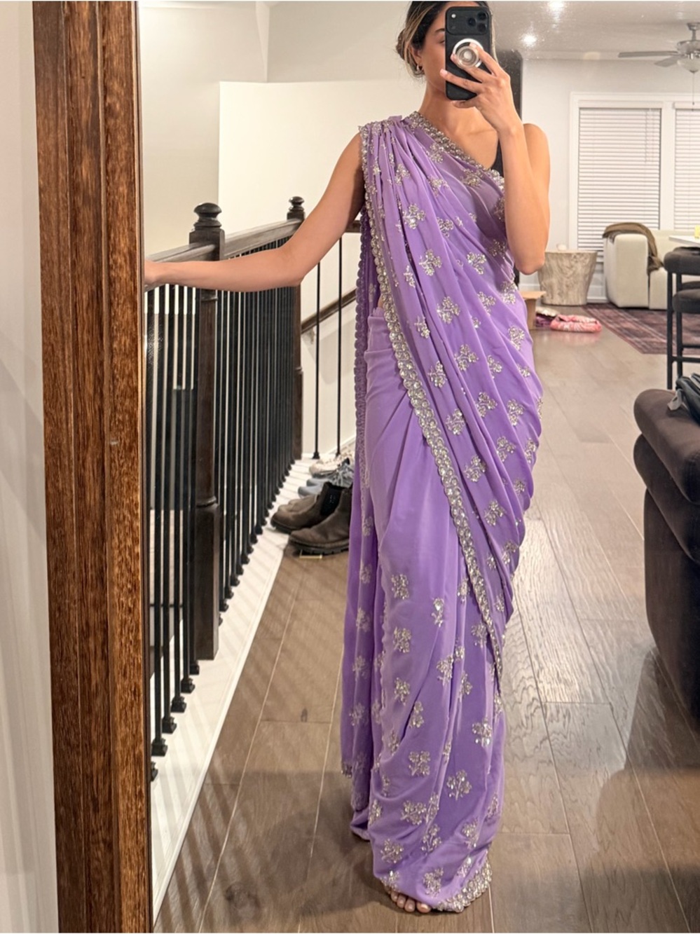 Purple Embellished Saree - Floral Sequin Design Indian Pakistani Saree